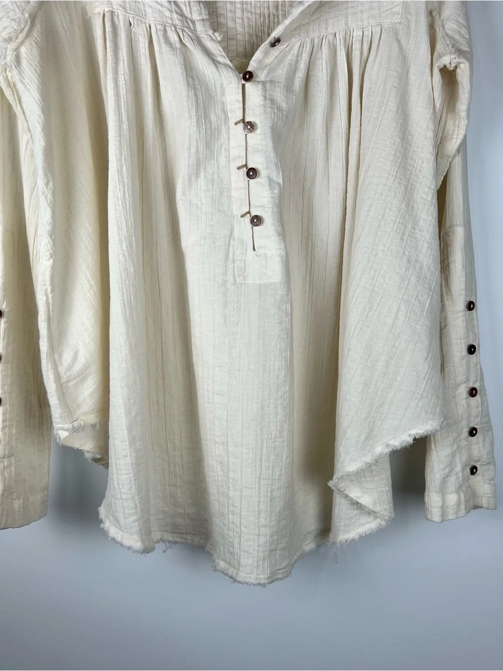 Free People Sand Dune Henley Oversized Tunic Top Boho Fringe Hem Cream Size L